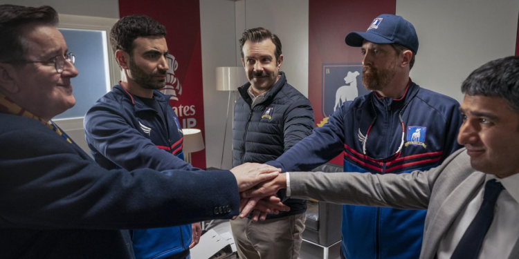 Brendan Hunt, Jason Sudeikis, Jeremy Swift, Brett Goldstein, and Nick Mohammed in Ted Lasso (2020)